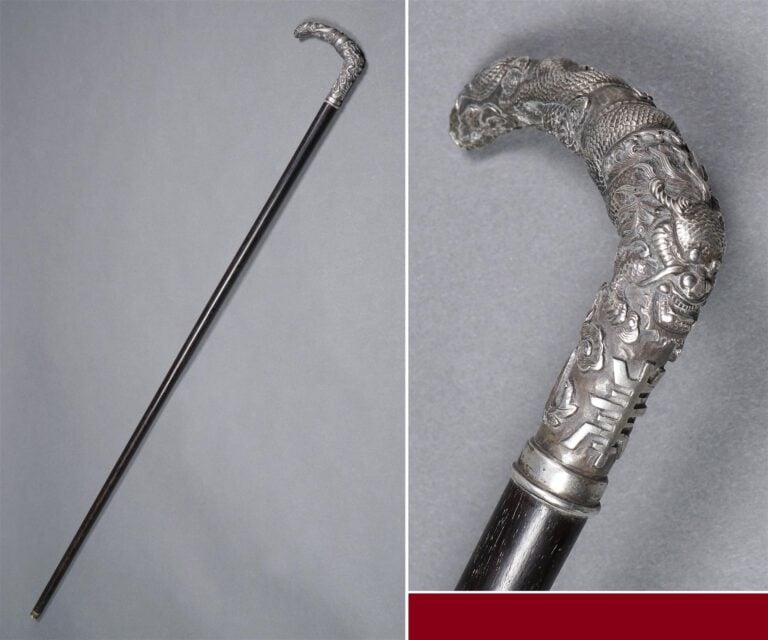CANNE FUSELEE EN BOIS ET A POMMEAU D'ARGENT - Chine, Vers 1900 - Le pommeau à d…