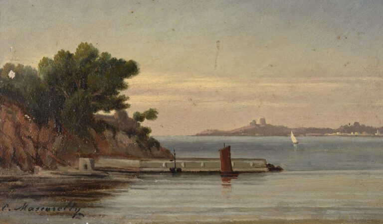 César MASCARELLI (1845-1904) - Vue de bord de mer - Huile sur panneau - Signé e…