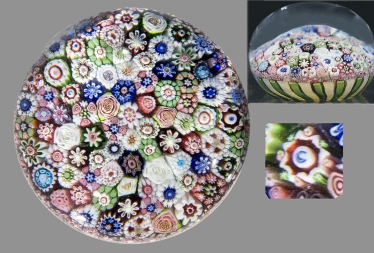 Clichy. Presse-papiers signé C, à motif de panier de millefiori compact polychr…