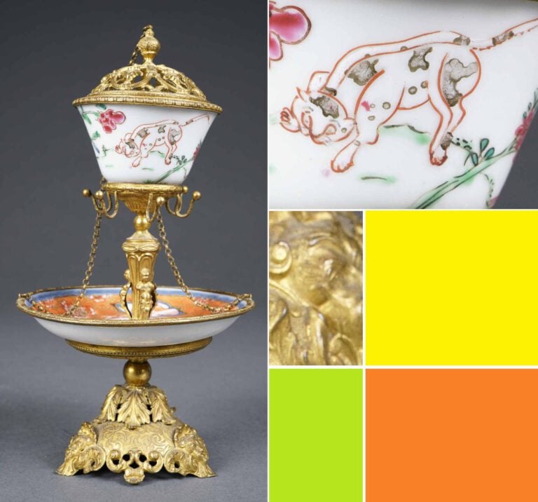 CURIOSITE - BAGUIER COMPOSITE EN PORCELAINE A MONTURE DE REGULE DORE - Chine et…