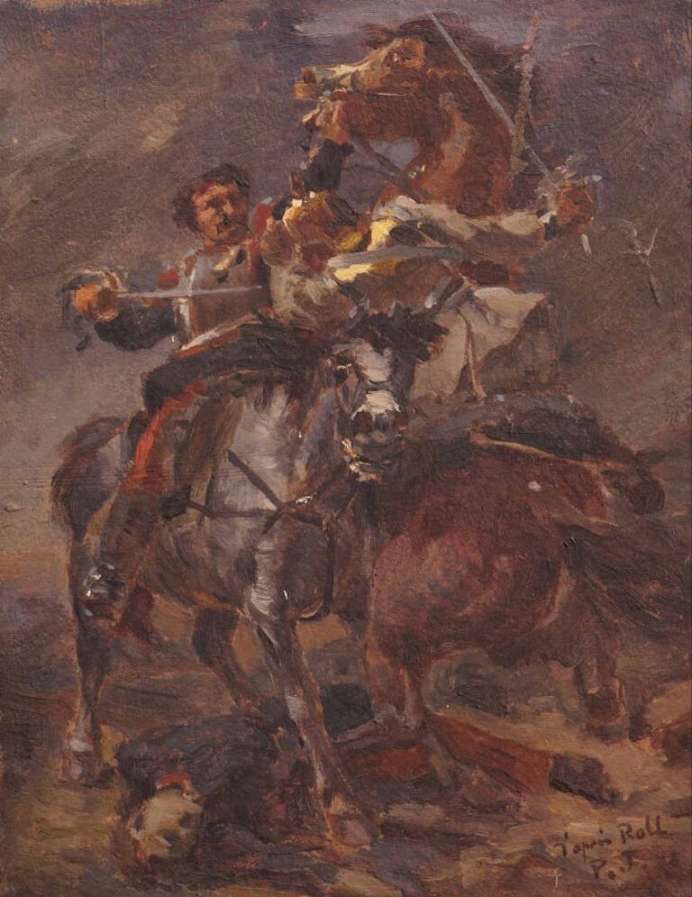 D'après Alfred ROLL (1846-1919) - Combat de cavaliers - Huile sur carton. - Sig…