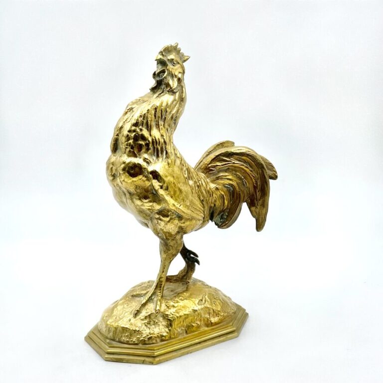 D'après Antoine Louis BARYE (1796-1875) - Coq chantant - bronze à patine dorée…