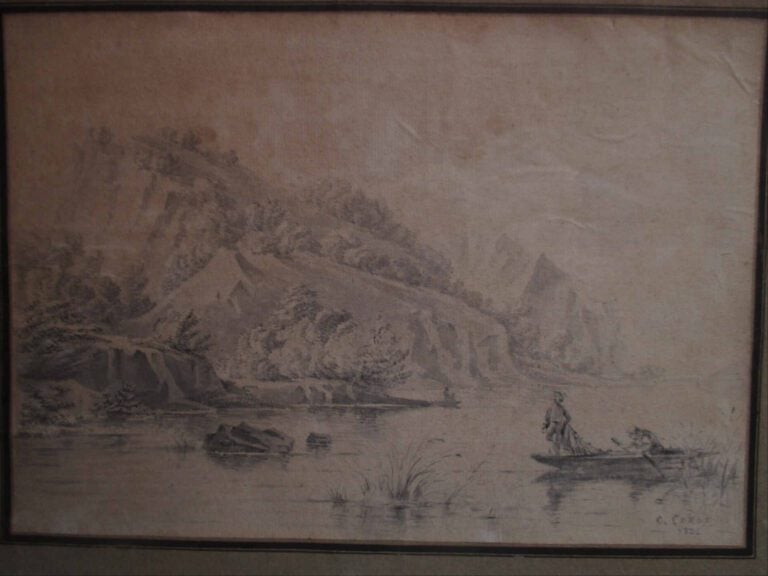 D'après COROT - Barque dans un paysage - Dessin au lavis sur papier. - 21 X 30.…
