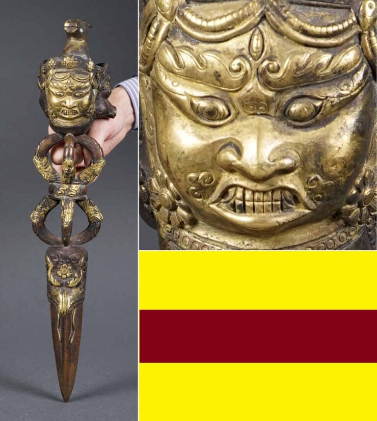 DAGUE RITUELLE EN BONZE A PATINE BRUNE ET DOREE, PHURBU / PHURBA - Tibet, XIXe/…