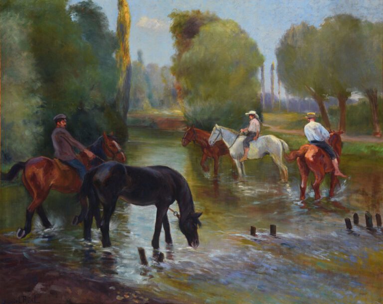 Daniel REAL (1877-1931) - Cavaliers traversant une rivière - Huile sur toile -…