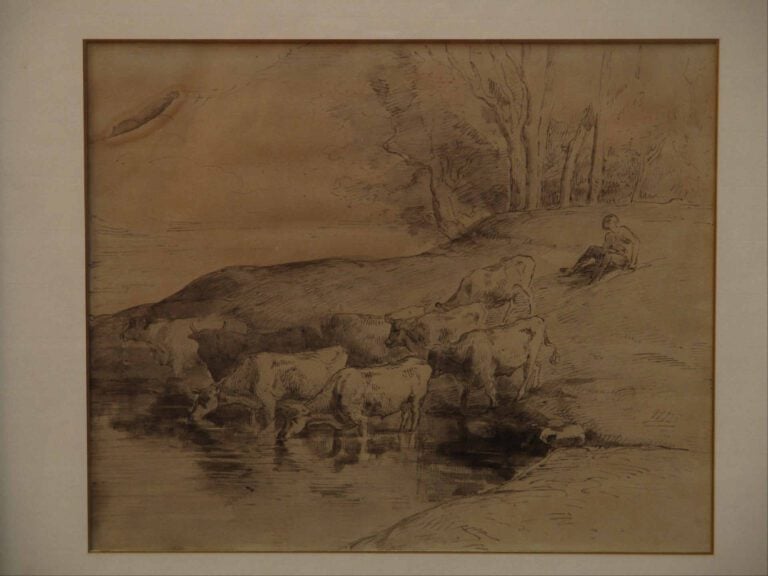 Dessin au lavis représentant un berger et son troupeau de vaches. - A vue : 25…