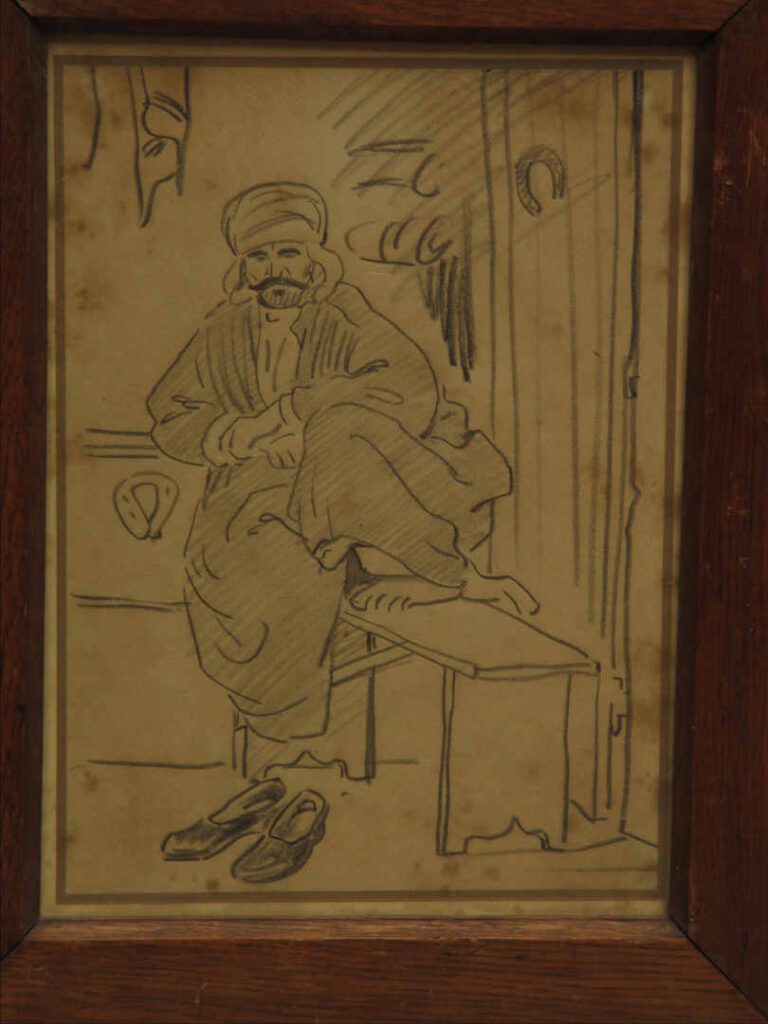 Dessin au pastel représentant un oriental assis sur un banc - A vue : 26 x 19 c…
