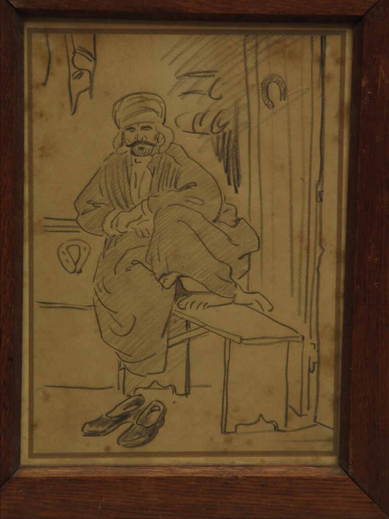 Dessin au pastel représentant un oriental assis sur un banc - A vue : 26 x 19 c…