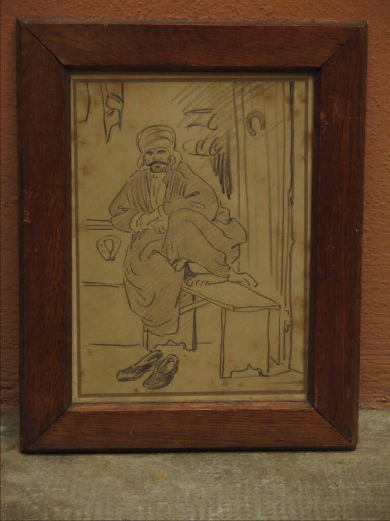 Dessin au pastel représentant un oriental assis sur un banc - A vue : 26 x 19 c…