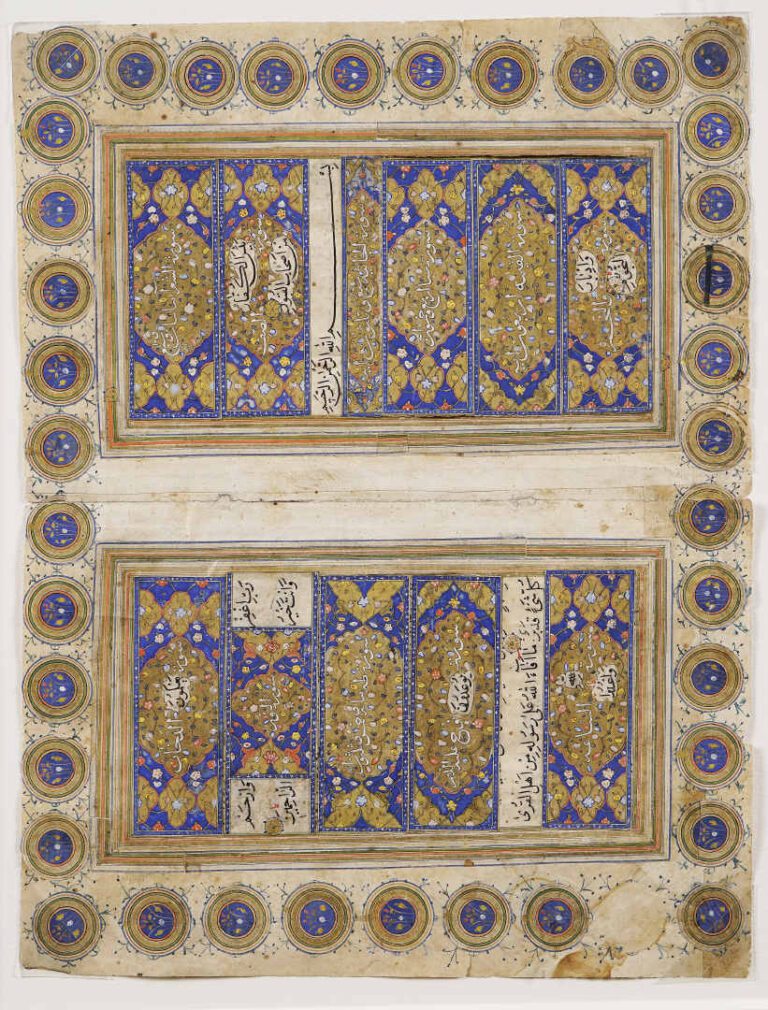 DOUBLE-PAGE INSCRITE DE TITRES DE SOURATES - Iran, Dynastie Safavide, Epoque XV…