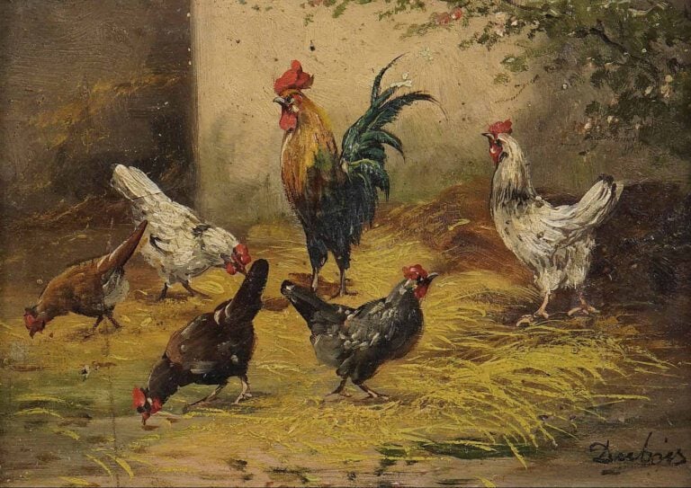 DUBOIS ? - La basse-cour - Huile sur panneau. - Signée en bas à droite Dubois.…