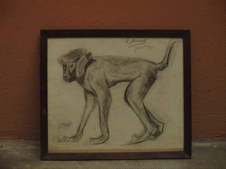 E. DECANIS - Singe - Dessin au fusain. - Signé et daté janvier 1922 en haut à d…