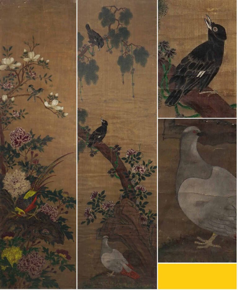 ECOLE CHINOISE (Dynastie Qing, Epoque XIXe siècle) - Volatiles parmi fleurs et…