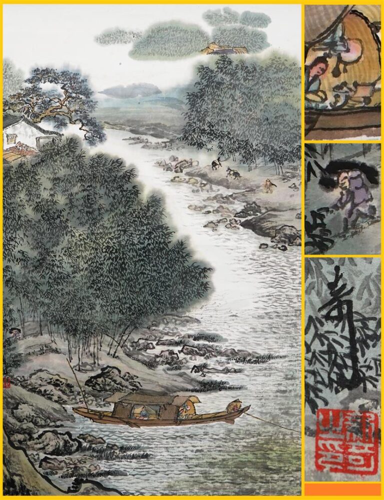 ECOLE CHINOISE (Epoque XXe siècle)° - Barque sur la rivière aux berges animées…