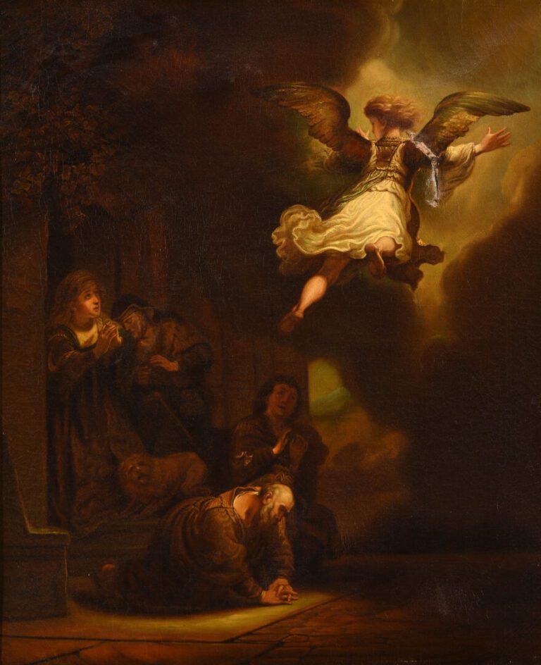 Ecole du XIXe, d'après Raphaël - L'ange Raphaël quittant Tobie - Huile sur toil…
