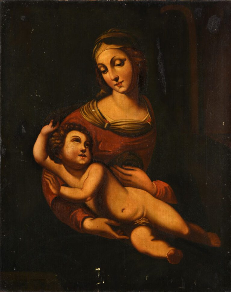 Ecole du XIXe siècle, d'après Raphaël - Vierge à l'Enfant - Huile sur toile - 8…