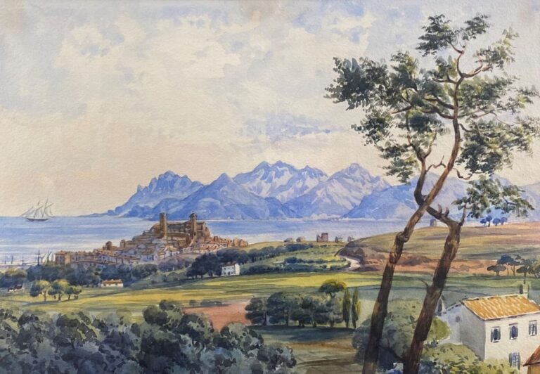 Ecole du XXe siècle - Château en bord de mer, Cannes - Huile sur panneau - Sign…