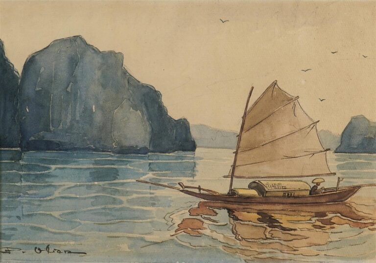 ECOLE FRANCAISE (Actif XXe siècle)° - Sampan dans la Baie d'Halong - Aquarelle…