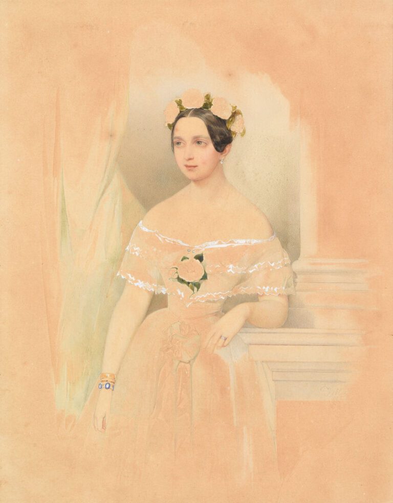 Ecole française du XIXe siècle - Portrait de jeune femme - Crayon, aquarelle et…