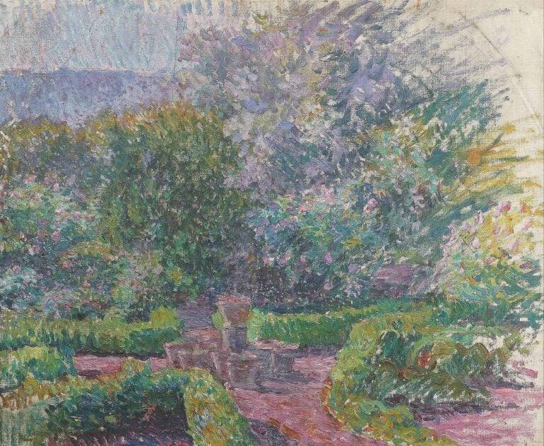 ECOLE FRANCAISE du XXe siècle - Paysage à la fontaine - Huile sur toile. - 54.5…