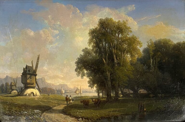 Ecole hollandaise du XIXe siècle - Scène animée dans un paysage de moulins - Hu…