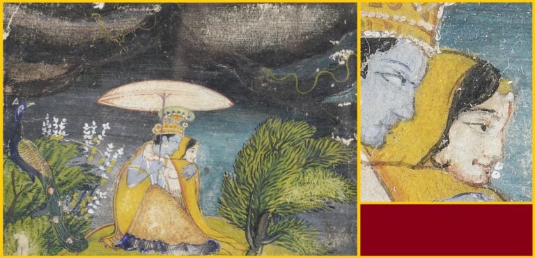 ECOLE INDIENNE (Vers 1900) - Couple princier pris dans la tempête, un paon à le…