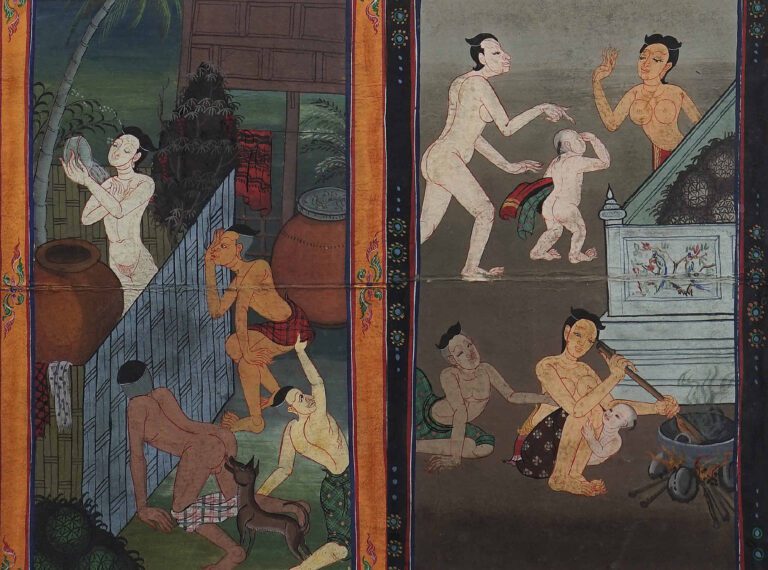 ECOLE THAILANDAISE (Actif XIXe/XXe siècle) - Femme à la toilette (ou Les Voyeur…