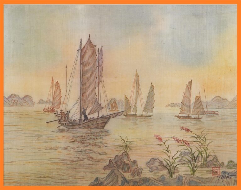 ECOLE VIETNAMIENNE (Actif XXe siècle) - Vue de la Baie d'Halong animée de sampa…