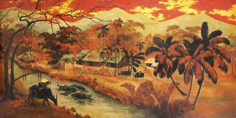 ECOLE VIETNAMIENNE / INDOCHINOISE (Actif XXe siècle) - Paysage aux huttes et au…