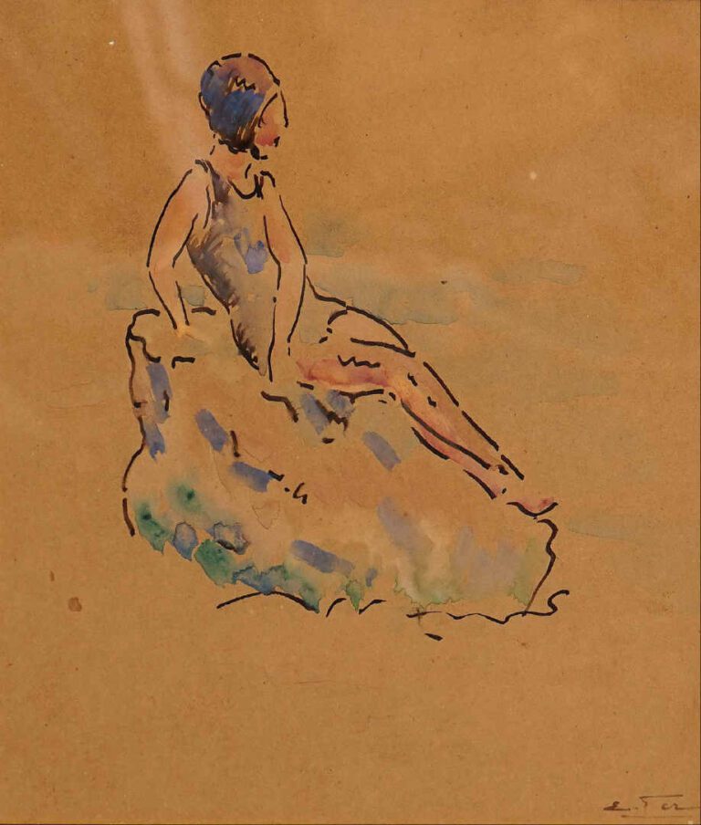 Edouard FER (1887-1959) - Baigneuse sur son rocher - Encre et aquarelle sur pap…