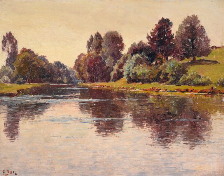 Edouard PAIL (1851-1916) - Paysage de bord de rivière - Huile sur carton - Sign…