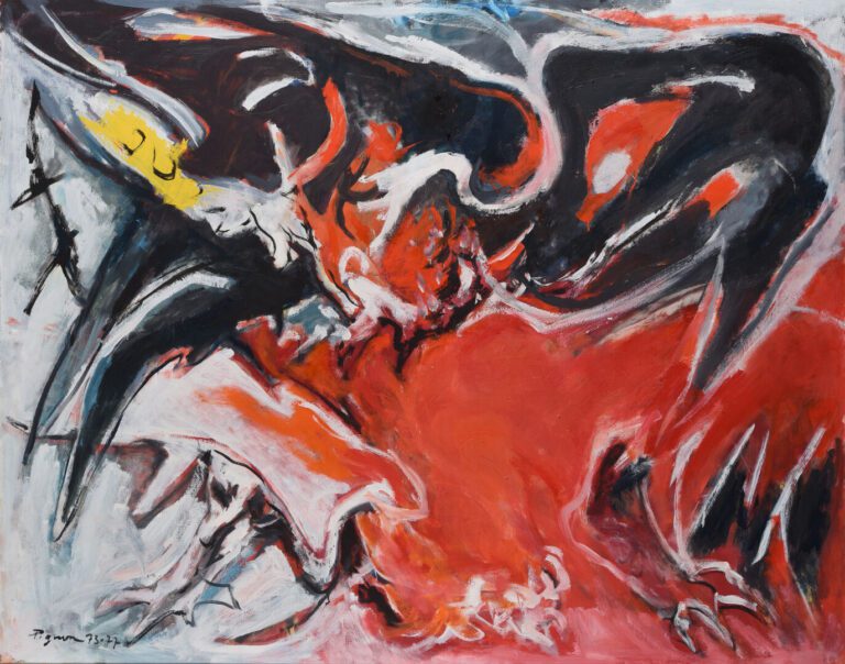 Édouard PIGNON (1905-1993) - Combat de coqs multicolore - Huile sur toile - Sig…