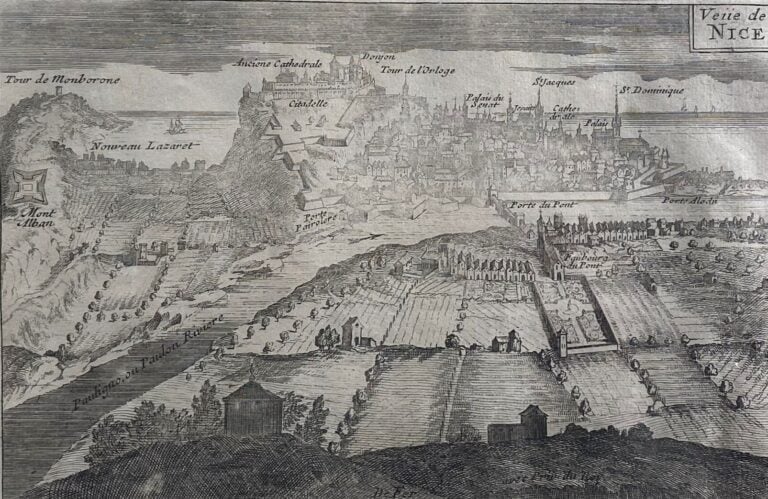 Ensemble comprenant : - -deux gravures à l'eau-forte "Plan de Nice" et "Vue de…