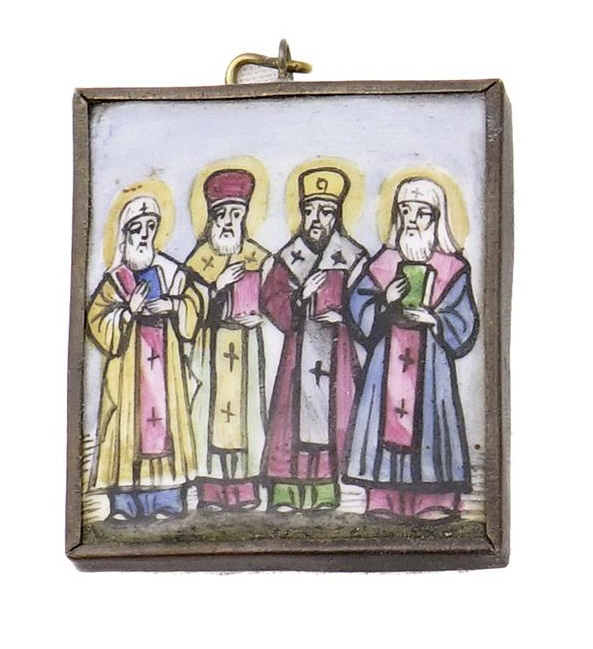 Ensemble de 2 icônes rectangulaires miniatures de voyage peintes sur émail, rep…