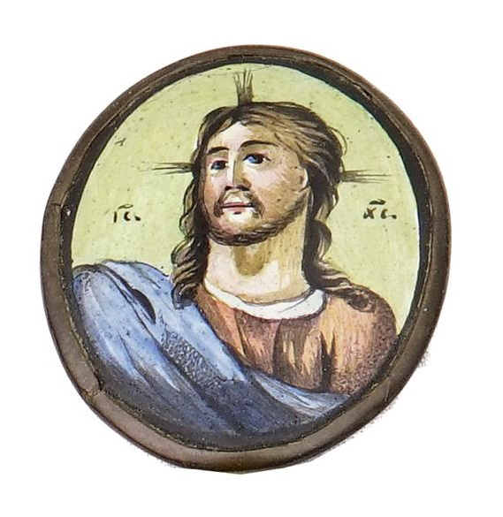 Ensemble de 4 icônes miniatures de voyage peintes sur émail, représentant le Ch…
