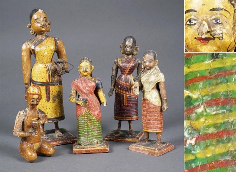 ENSEMBLE DE CINQ (5) STATUETTES EN BOIS LAQUE - Inde, Probablement du Rajasthan…
