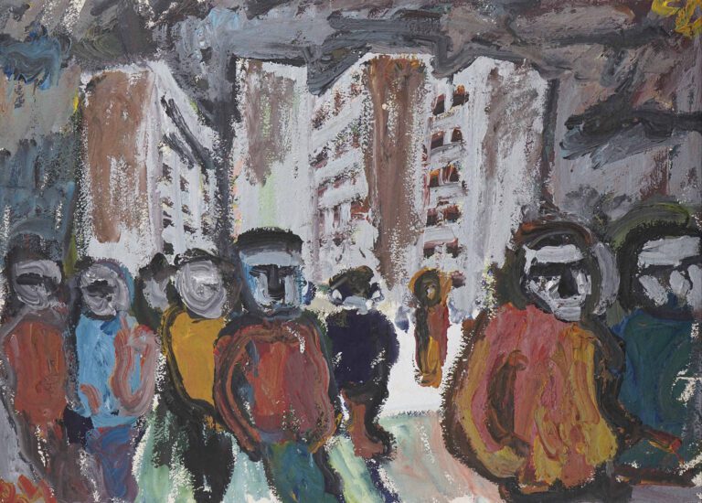 Eric DELAUNAY (1954-1996) - Personnages devant des immeubles - Huile sur papier…