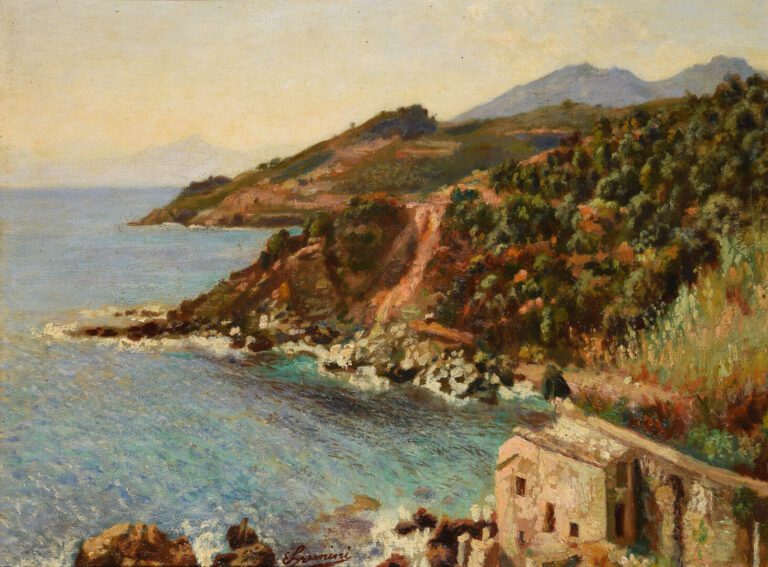 Ettore BRUNINI (1863-1943) - Vue de bord de mer - Huile sur panneau - Signé en…