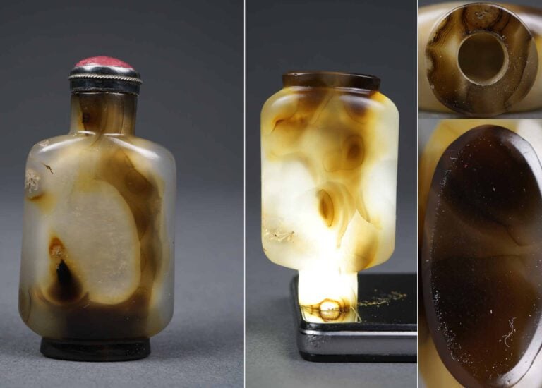FLACON TABATIERE A EPAULES TOMBANTES EN AGATE "SILHOUETTE" - Chine, Dynastie Qi…