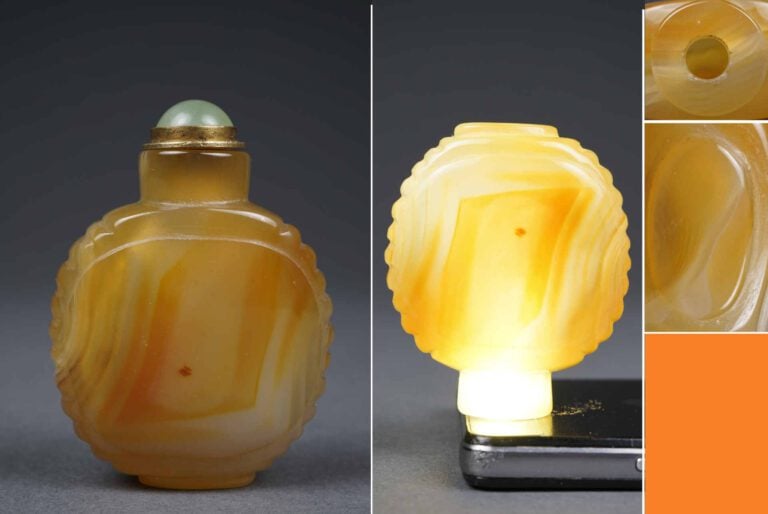 FLACON TABATIERE OVOIDE EN AGATE RUBANNEE ET AMBREE - Chine, Dynastie Qing, XIX…
