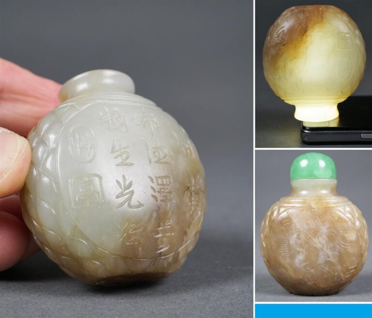 FLACON TABATIERE OVOIDE EN JADE NEPHRITE INCISEE D'UNE CHANSON POPULAIRE DE LA…