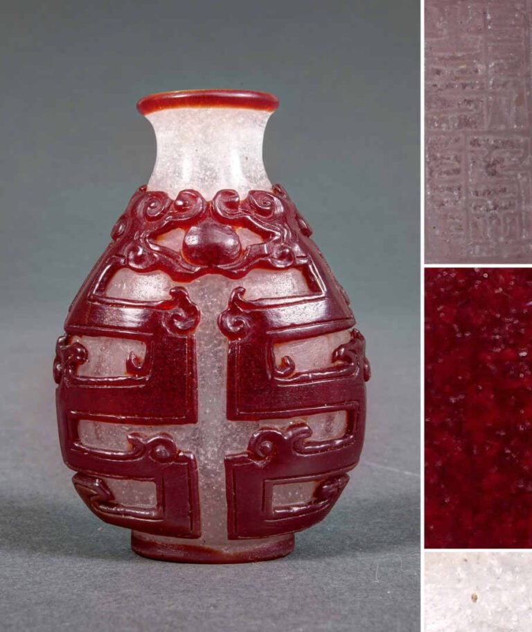 FLACON TABATIERE PIRIFORME EN VERRE OVERLAY ROUGE MARQUE QIANLONG - Chine, Dyna…