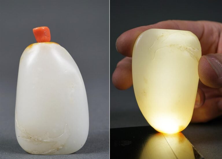 FLACON TABATIERE SCULPTE DANS UN GALET DE JADE NEPHRITE BLANC - Chine, Probable…