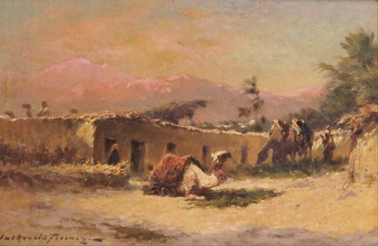 Franz BLASKOVITZ (1859-1931) - Caravansérail et dromadaires - Huile sur toile.…