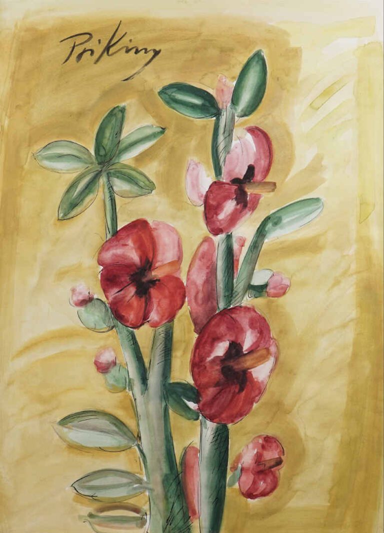 Franz PRIKING (1929-1979) - Fleurs rouges - Encre et aquarelle sur papier. - Si…
