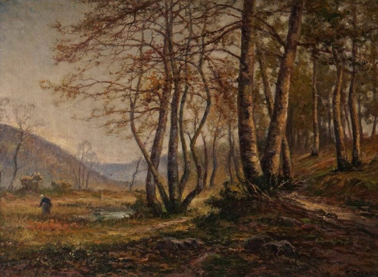 Gaston CORBIER (1869-1945) - Paysanne dans un sous-bois - Huile sur toile. - Si…