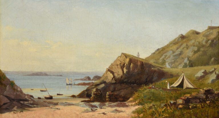 Henri Charles TROUVILLE (XIXe-XXe) - Campement en bord de mer - Huile sur toile…