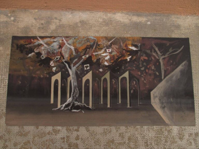 Huile et gouache sur papier représentant un paysage surréaliste. - Monogrammé e…
