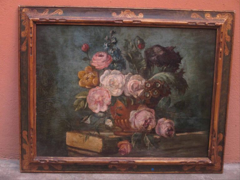 Huile sur panneau représentant un bouquet de fleurs. - 46 x 60.5 cm