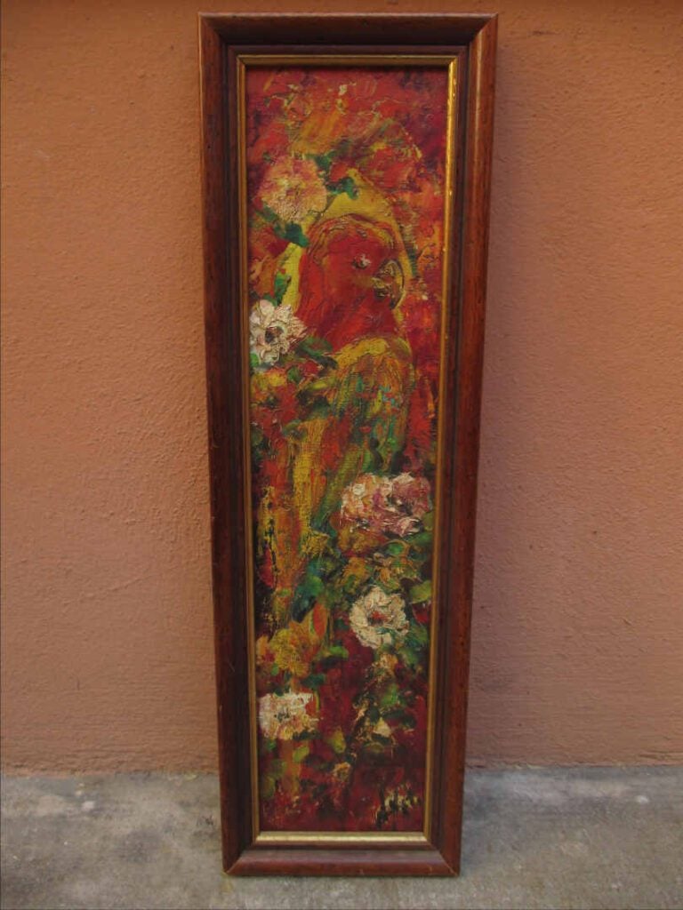 Huile sur toile représentant un perroquet dans une composition florale. - Porte…